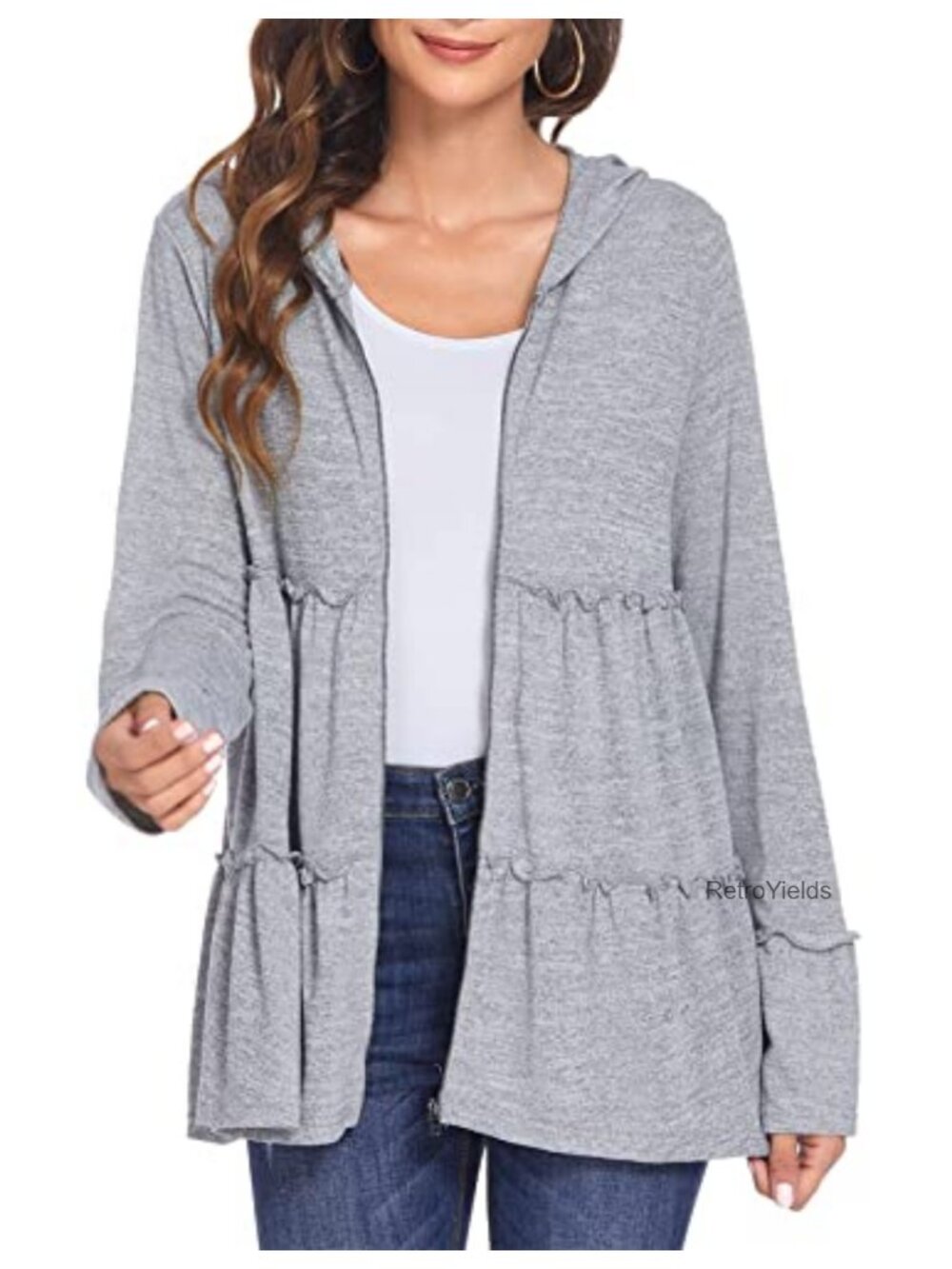 Womens Zip Up Hoodie Pleated Tiered Ruffle Long Sleeve Casual
